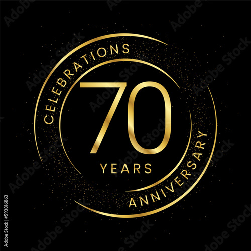 70th anniversary, golden anniversary with a circle, line, and glitter on a black background.