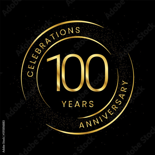 100th anniversary, golden anniversary with a circle, line, and glitter on a black background.