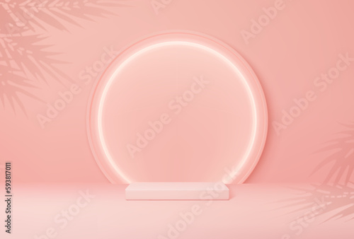 Pink round podium with palm leaves background, product platform or vector pedestal stage. Pink podium stand display or 3D minimal scene with light and palm leaves on background for studio showcase