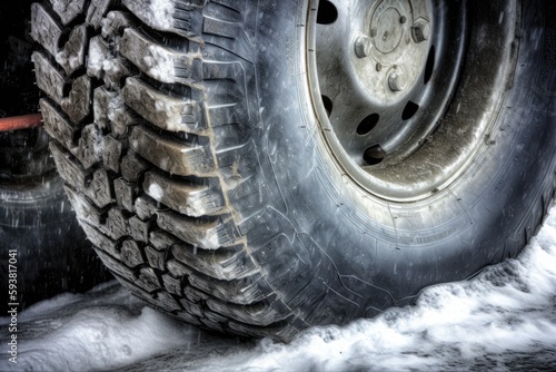 close up of a winter tire on a truck covered in snow. Generative AI © 2rogan
