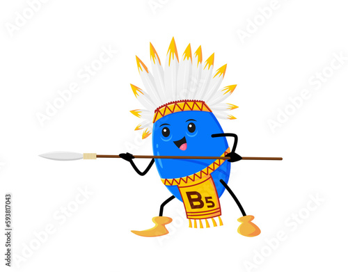 Cartoon vitamin B5 Indian character or native American warrior, vector kids mascot. Funny cute vitamin B5 Indian chief in feather tribal headdress with spear weapon of Apache or Cherokee Indians