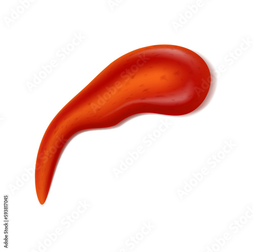 Red ketchup stain or splash, isolated vector blob of vegetable paste. Bbq or salsa gravy splat, single textured smear. 3d food condiment realistic splatter drop
