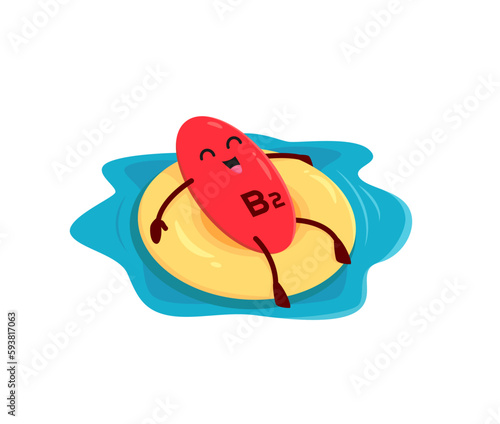 Cartoon vitamin B2 character on float ring. Vitamin capsule, food supplement or healthy nutrition mineral dragee happy vector mascot. Micronutrient pill personage with swimming on inflatable ring