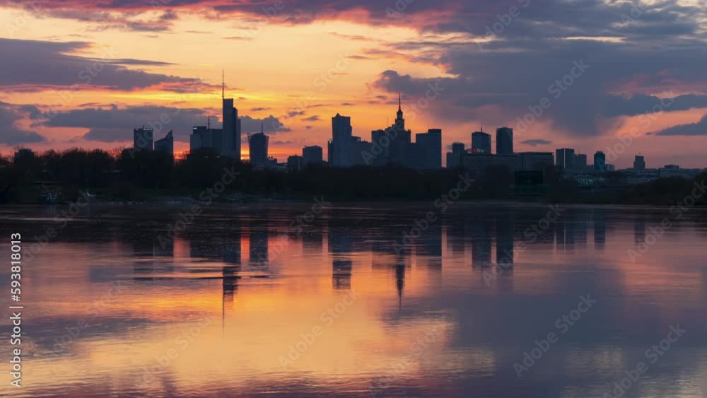 The Warsaw skyline and the river at sunset, captured in a time-lapse video with stunning golden colours. The Warsaw skyline and the river at sunset, captured in a time-lapse video with stunning golden colours.