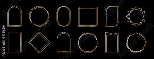 Golden geometric frames in art deco style. Luxury gold borders for for wedding invitation. Thin line oval and rectangle set for invitation decoration. Vector illustration isolated on black background.