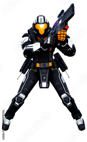 Futuristic humaoid robot soldier, legs astride, armor, full face covering helmet, and pointing a gun. PNG transparent background. Generative AI illustration.