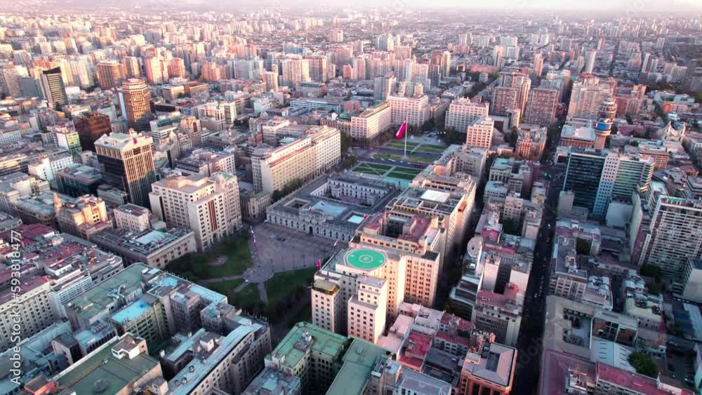 Establishing aerial view over Santiago Barrio Cívico civic quarter government offices and Chile capital city landscape, La Moneda. Establishing aerial view over Santiago Barrio Cívico civic quarter government offices and Chile capital city landscape, La Moneda.