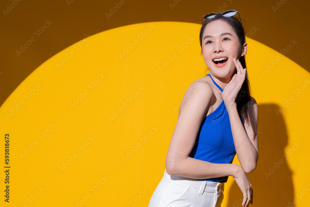 attractive asian female woman reveal her skin against hot sunny summer sunshine,summertime vacation pretty asia female smiling happiness ready to go out travel healthy skin ready to go out summer idea