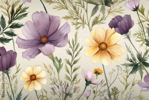 Cosmos  coreopsis  bells  lavender  and green leaves on branches make up this floral seamless design. Watercolor textile or wallpaper design with an emphasis on detail  generative AI