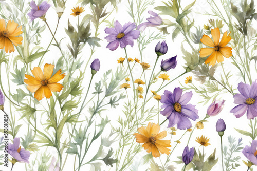 Cosmos, coreopsis, bells, lavender, and green leaves on branches make up this floral seamless design. Watercolor textile or wallpaper design with an emphasis on detail, generative AI © Kien