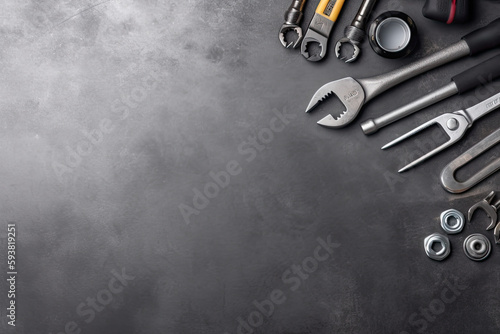 Auto mechanic's tools on grey stone table with copy space
