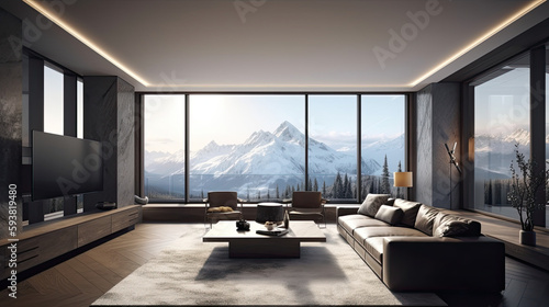 Modern luxury spacious penthouse living room interior design with comfortable sofa  coffee table  TV cabinet  TV on the wall and large glass window with mountain view 