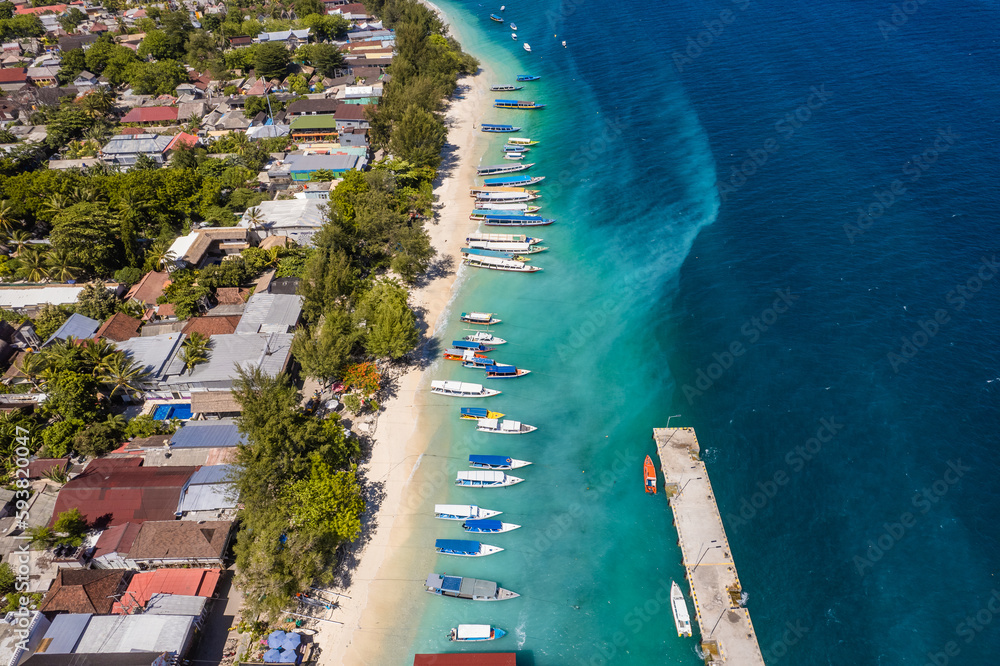 Aerial of Ferry Terminal in Gili Trawangan beach in Lombok, Indonesia