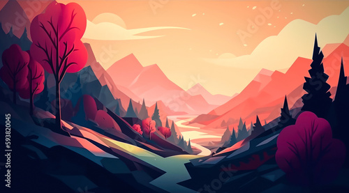 Illustration of landscape with a river and mountains in the background. Autumn landscape with trees, mountains, fields, river, leaves. Generative AI © EdwinGrandas