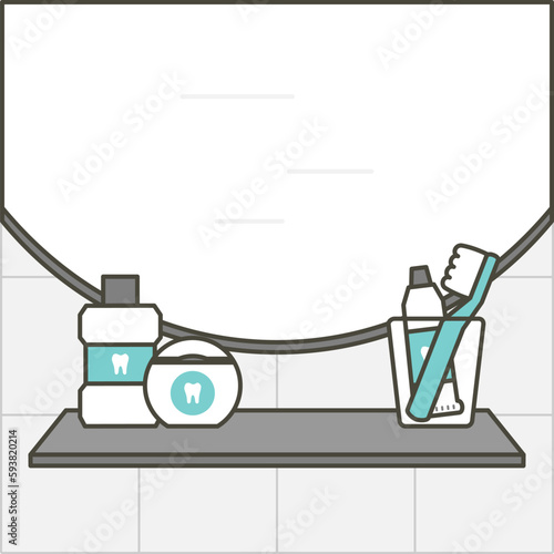 mirror, sink and shelf with toothbrush, toothpaste, floss and mouthwash in the bathroom - dental cartoon vector flat style