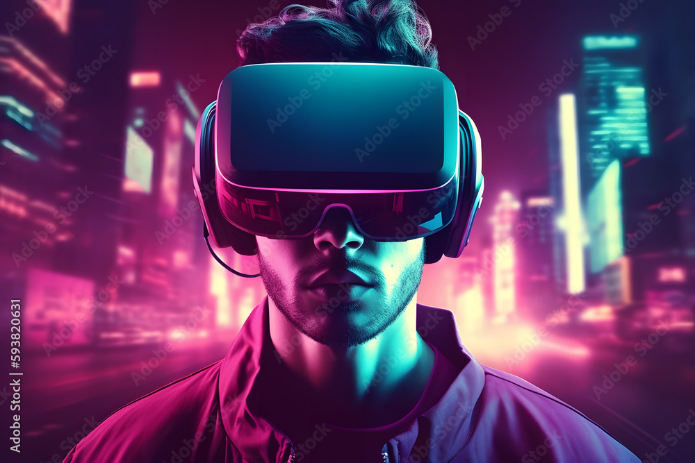 Into the Virtual City: Man with VR Headset and Neon Lights in Background Into the Virtual City: Man with VR Headset and Neon Lights in Background