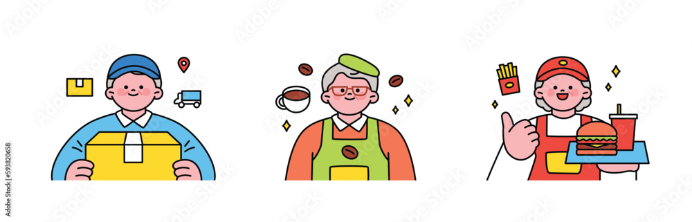 Labor Day. people who are working. Senior job, courier, cafe barista, part-time job at fast food restaurant. Labor Day. people who are working. Senior job, courier, cafe barista, part-time job at fast food restaurant.