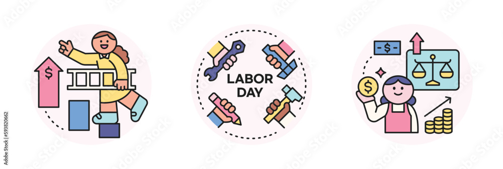 Labor Day. people who are working. Hands holding tools for each field, climbing the ladder for promotion, salary and household.