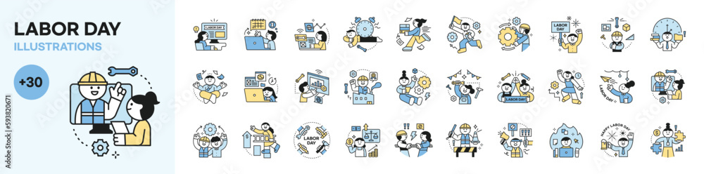 Labor Day. people who are working. Cute concept icon character about worker's life. mega set.