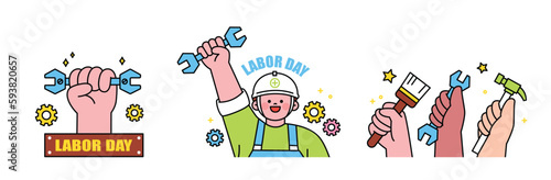 Labor Day. people who are working. A movement for workers' rights. hand holding a tool. A character wearing a helmet.