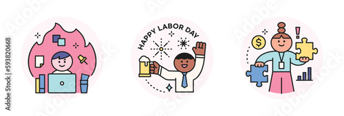 Labor Day. people who are working. A businessman working on fire, an office man drinking beer, and a character holding a puzzle in his hand.