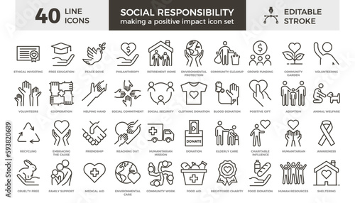 40 thin line vector icons with editable stroke related with social responsibility, volunteering and humanitarian causes