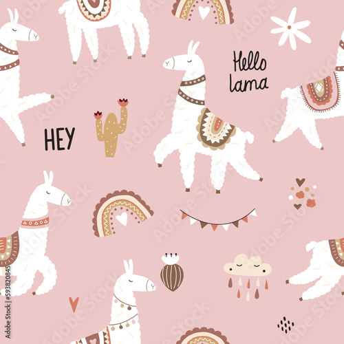 Vector seamless pattern with cute lamas in bright colors in boho style. Cute cartoon lama. Ideal for children's printed materials.