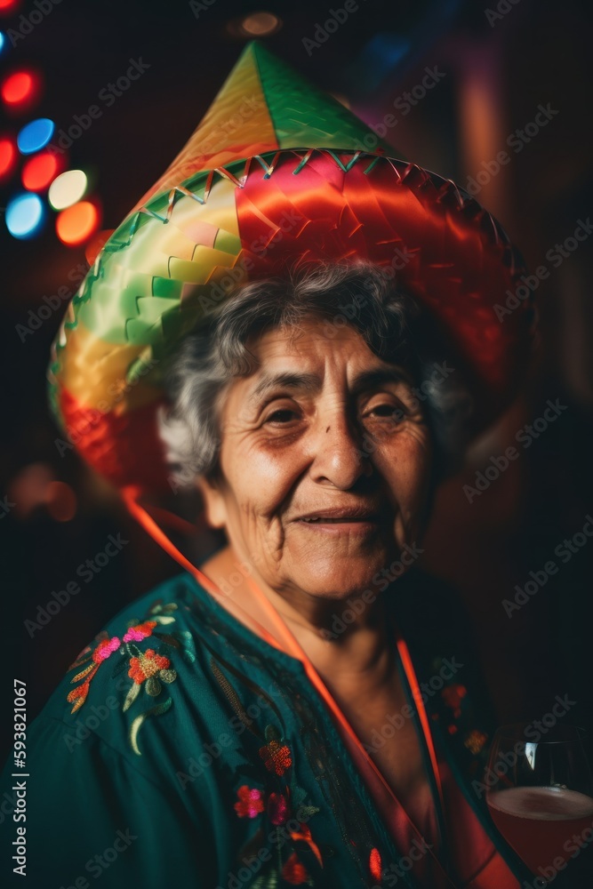Cheerful Middle Eastern Elderly Woman Embracing Festive Mexican Culture on Cinco de Mayo with Exciting Activities like Pinatas, Folk Dancing, and Face Painting (Generative AI