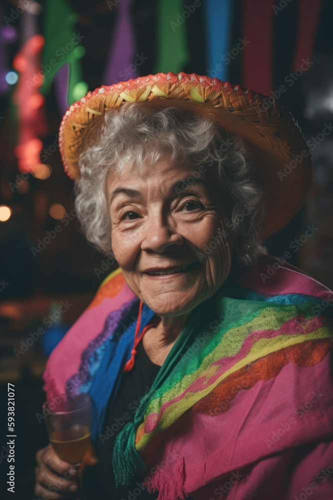 Delightful Multiracial Elderly Woman celebrates Cinco de Mayo by fully immersing in Mexican culture, participating in pinata games, folk dances, and face painting (Generative AI