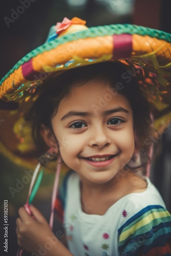 Excited Hispanic Kid Girl Immersing in Mexican Culture during Cinco de Mayo Festivities through Fun Activities, Pinata Breaking, Folk Dancing, Face Painting (Generative AI