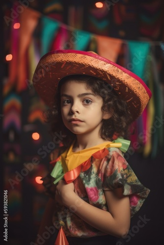 Delightful Middle Eastern Kid Girl celebrates Cinco de Mayo by fully immersing in Mexican culture, participating in pinata games, folk dances, and face painting (Generative AI