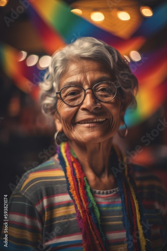 Cheerful Multiracial Elderly Woman Embracing Festive Mexican Culture on Cinco de Mayo with Exciting Activities like Pinatas  Folk Dancing  and Face Painting  Generative AI