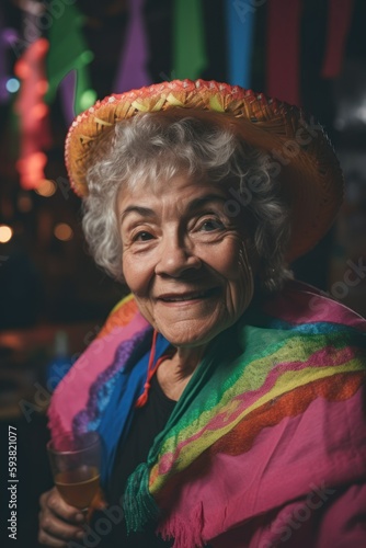 Delightful Multiracial Elderly Woman celebrates Cinco de Mayo by fully immersing in Mexican culture, participating in pinata games, folk dances, and face painting (Generative AI