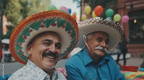 Cheerful Hispanic Men Embracing Festive Mexican Culture on Cinco de Mayo with Exciting Activities like Pinatas, Folk Dancing, and Face Painting (Generative AI