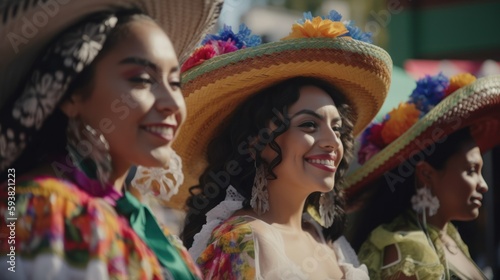 Delightful Hispanic Women celebrates Cinco de Mayo by fully immersing in Mexican culture, participating in pinata games, folk dances, and face painting (Generative AI