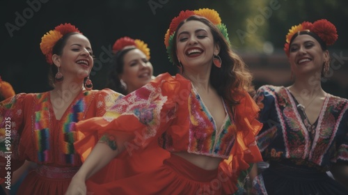Excited Hispanic Women Immersing in Mexican Culture during Cinco de Mayo Festivities through Fun Activities, Pinata Breaking, Folk Dancing, Face Painting (Generative AI