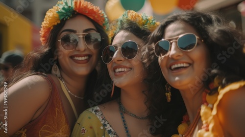 Happy Middle Eastern Women joyfully immersing in Mexican culture during Cinco de Mayo celebrations with pinata smashing, traditional folk dancing, face painting (Generative AI