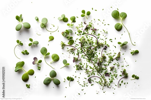 Microgreens sprouts isolated on white background. Vegan micro sunflower greens shoots. Growing sprouted sunflower seeds, microgreens closeup. Ai generative.