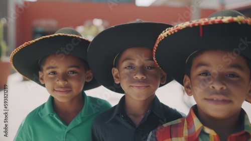 Happy African American Black Kids Boys joyfully immersing in Mexican culture during Cinco de Mayo celebrations with pinata smashing, traditional folk dancing, face painting (Generative AI