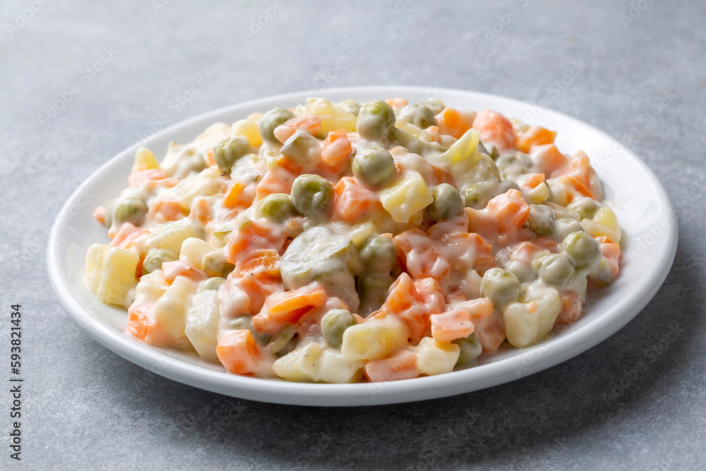 Russian salad Olivier with mayonnaise and egg served (Turkish name; Rus salatasi) Russian salad Olivier with mayonnaise and egg served (Turkish name; Rus salatasi)