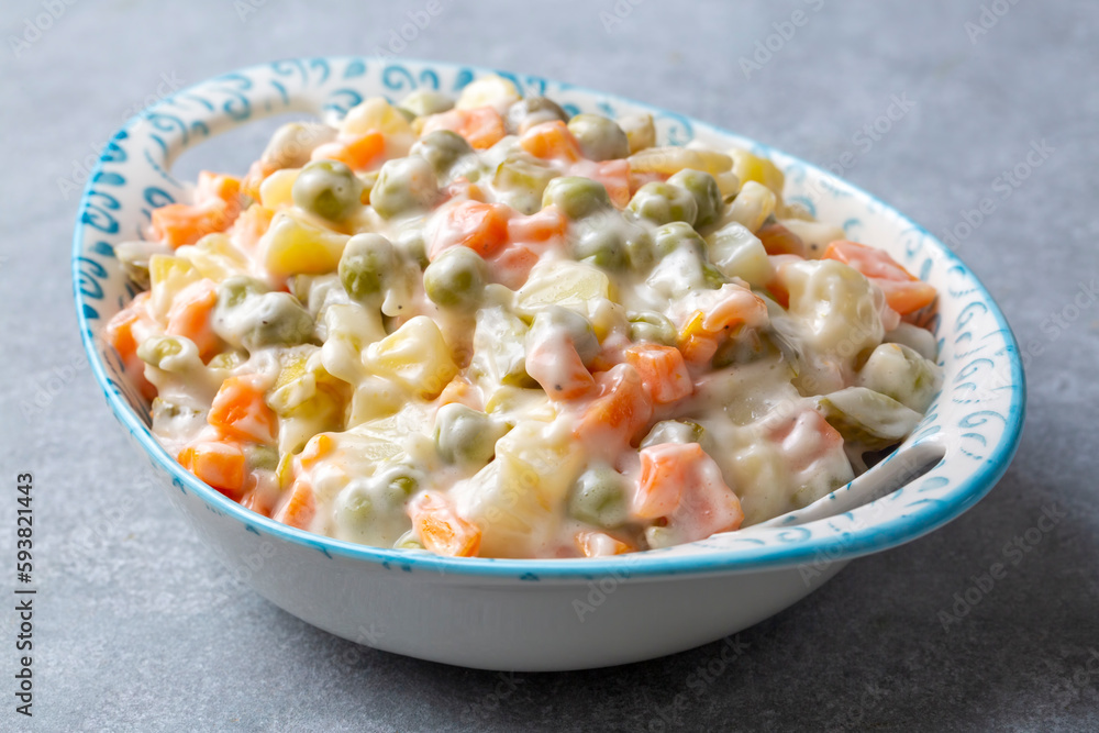 Russian salad Olivier with mayonnaise and egg served (Turkish name; Rus salatasi) Russian salad Olivier with mayonnaise and egg served (Turkish name; Rus salatasi)