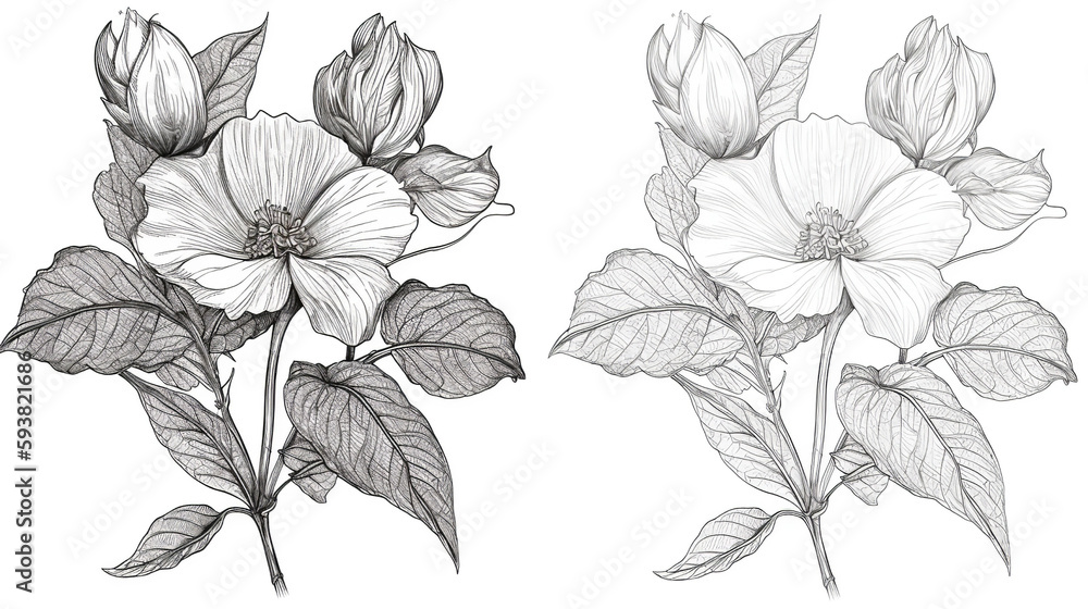 Black & White Hand Drawing Of Rose With Leaves On Isolated Background, Generative Ai
