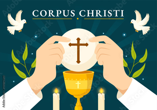 Corpus Christi Catholic Religious Holiday Vector Illustration with Feast Day, Cross, Bread and Grapes in Flat Cartoon Hand Drawn Poster Templates