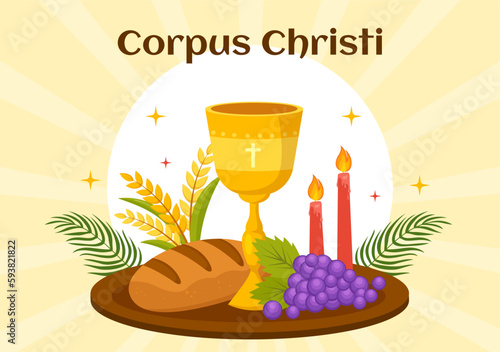 Corpus Christi Catholic Religious Holiday Vector Illustration with Feast Day, Cross, Bread and Grapes in Flat Cartoon Hand Drawn Poster Templates