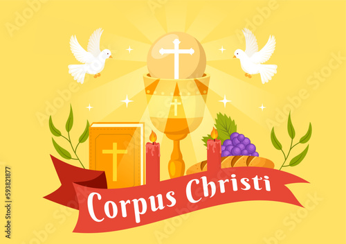 Corpus Christi Catholic Religious Holiday Vector Illustration with Feast Day, Cross, Bread and Grapes in Flat Cartoon Hand Drawn Poster Templates