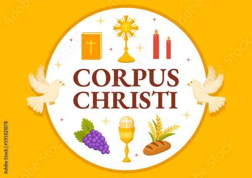 Corpus Christi Catholic Religious Holiday Vector Illustration with Feast Day, Cross, Bread and Grapes in Flat Cartoon Hand Drawn Poster Templates