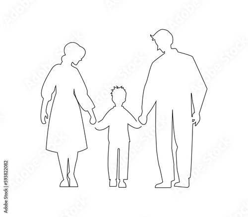 Father and mother figure holding hands with child. Mom with dad and son. Vector illustration for concepts of family.