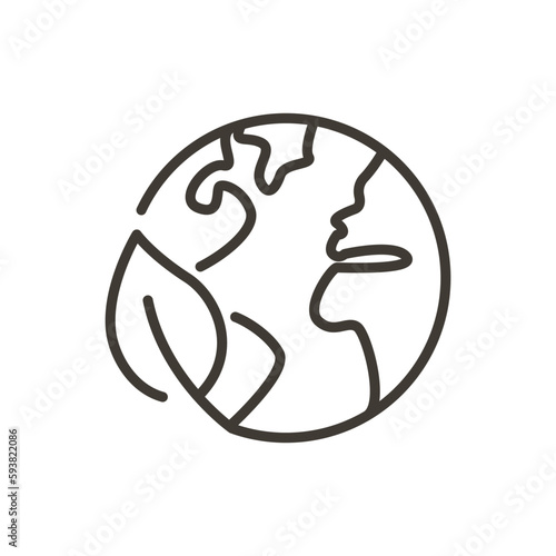 Planet earth with leaf icon. Vector thin line illustration of green earth nature care. World ecology, environment protection, global climate awareness
