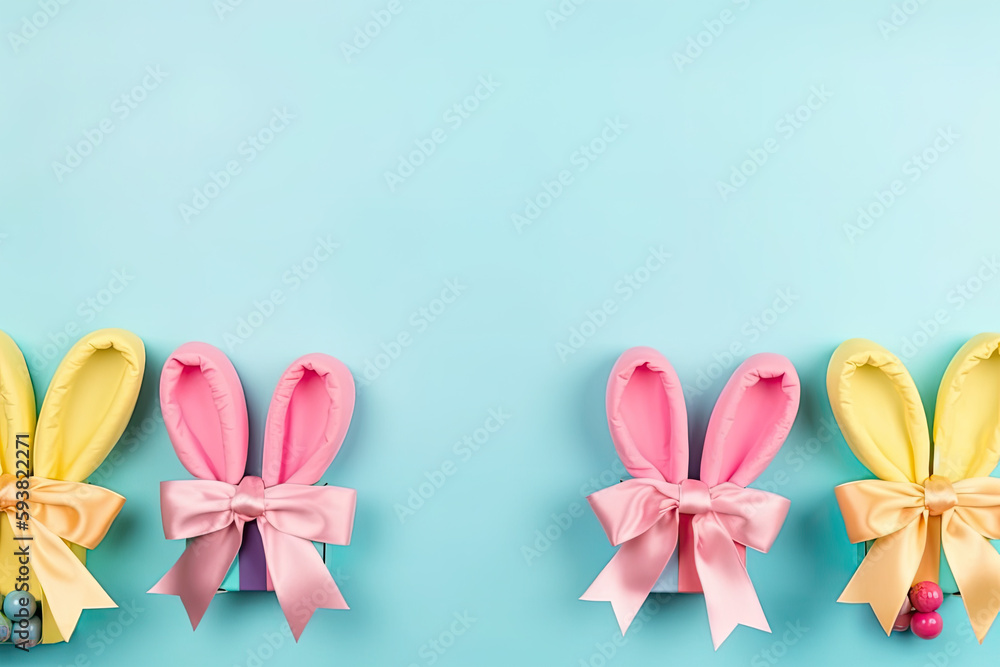 Top view photo of Easter bunny ears, yellow present boxes with pink bows, and colorful Easter eggs on an isolated pastel blue background with a copyspace in the middle.