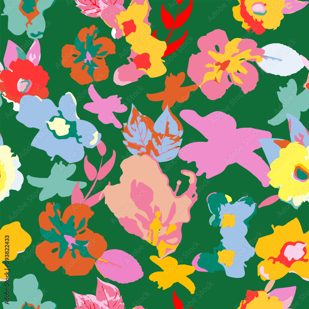 Trendy floral seamless pattern. Colorful groovy artwork, backdrop with flowers.
